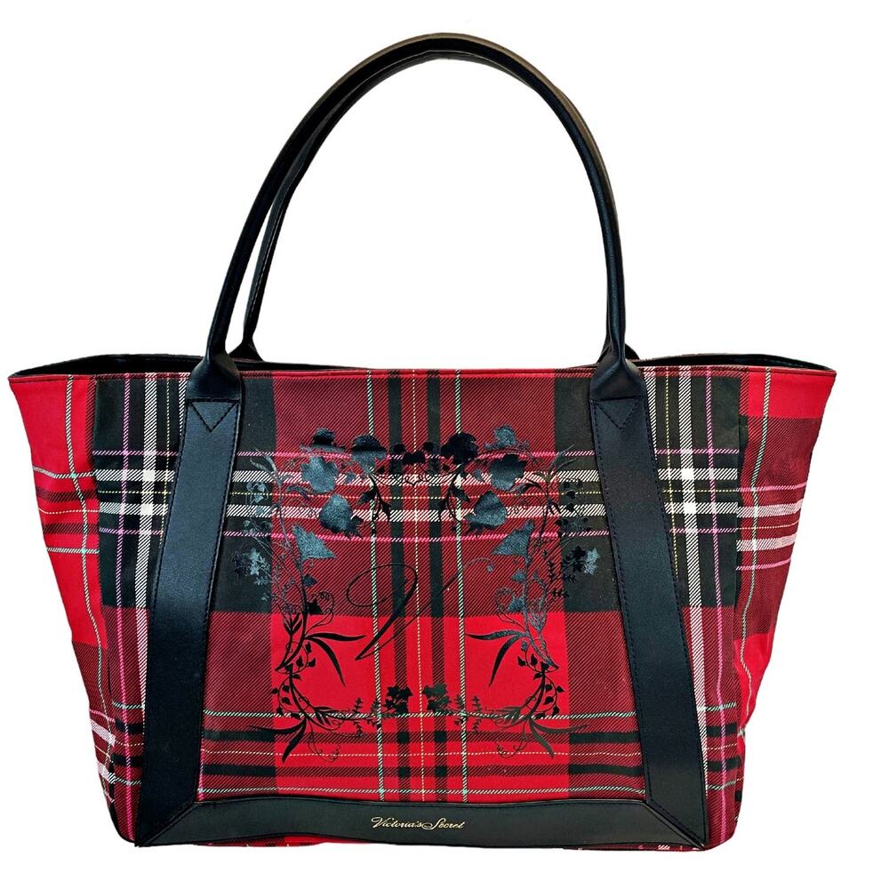 Victoria's Secret Red Black Floral Tartan Plaid Weekender Tote Bag